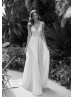 V Neck Beaded Ivory Lace Chiffon Airy Wedding Dress